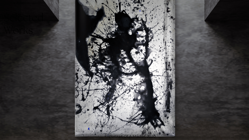 Abstract black and white painting titled 'Delirium' on a textured wall.